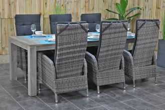 Cancun Tafel 240 Vintage Antique Grey met 6 Menorca Verstelbare Dining Tuinstoelen Two Tone Grey