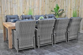 Cancun Tafel 300 Teak Natural met 8 Barcelona Verstelbare Dining Tuinstoelen Kobo Grey