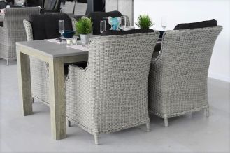 Cancun Tafel 180 Polystone Vintage Antique Grey met 4 Darwin Dining Tuinstoelen Light Kobo Grey