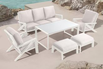 Carini Loungeset 3 Zitsbank en 2 Lounge Tuinstoelen Hoge Tafel en Hockers Aluminium Off White SHOWROOMMODEL