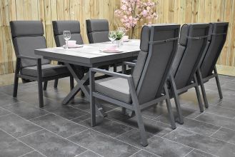 Costana Uitschuifbare Aluminium Tafel met Keramischblad 200 / 260 met 6 Birmingham Aluminium Verstelbare Dining Tuinstoelen ZOMER AANBIEDING