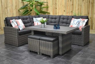Denver Loungeset Hoekbank Hoge Tafel Spraystone met Krukjes Kobo Grey WINTER AANBIEDING