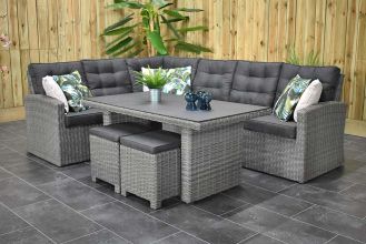 Denver Loungeset Hoekbank Hoge Tafel Spraystone met Krukjes Natural Grey WINTER AANBIEDING