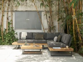 Fabriano Aluminium Loungeset Hoekbank Teakhout met Lage Tafel Dark Grey WINTER AANBIEDING