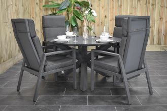 Firenze Ronde Tafel 130 Keramischblad Dark Grey met 4 Birmingham Aluminium Verstelbare Dining Tuinstoelen Dark Grey WINTER AANBIEDING