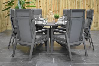 Firenze Ronde Tafel 150 Keramischblad Dark Grey met 6 Birmingham Aluminium Verstelbare Dining Tuinstoelen Dark Grey WINTER AANBIEDING