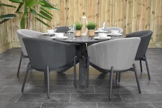 Firenze Ronde Tafel 150 Keramischblad Dark Grey met 6 Biscayne Dining Tuinstoelen Quick Dry Foam Anthracite en Beige WINTER AANBIEDING