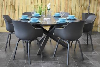 Firenze Ronde Tafel 150 Keramischblad Dark Grey met 6 Bristol Aluminium Kunststof Dining Tuinstoelen Anthracite WINTER AANBIEDING