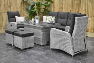 Florida Verstelbare Loungeset 3 Zitsbank 2 Lounge Tuinstoelen Hoog / Laag Tafel Spraystone met Krukjes Light Kobo Grey SHOWROOMMODEL