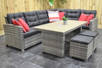 Las Palmas Loungeset Hoekbank Hoge Tafel Polywood met Krukjes Spiegelbeeld Light Grey SHOWROOMMODEL