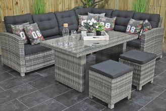 Las Palmas Loungeset Hoekbank Hoge Tafel met Krukjes Spiegelbeeld Light Grey WINTER AANBIEDING
