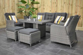 Madrid Verstelbare Loungeset 3 Zitsbank 2 Lounge Tuinstoelen Hoge Tafel 140 Spraystone met Hockers Kobo Grey WINTER AANBIEDING