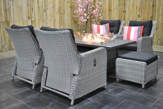 Madrid Verstelbare Loungeset 4 Lounge Tuinstoelen Genua Vuurtafel 150 met Hockers Light Kobo Grey WINTER AANBIEDING