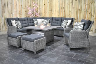 Madrid Verstelbare Loungeset Hoekbank Genua 120 Vuurtafel met Loungestoel en Hockers Kobo Grey WINTER AANBIEDING