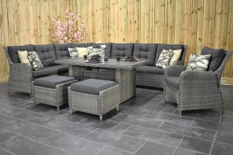 Madrid Verstelbare Loungeset Hoekbank XL Hoge Tafel 170 Spraystone met Loungestoel en Hockers Kobo Grey WINTER AANBIEDING