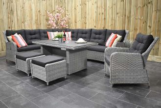 Madrid Verstelbare Loungeset Hoekbank XL Hoge Tafel 170 Spraystone met Loungestoel en Hockers Light Kobo Grey WINTER AANBIEDING
