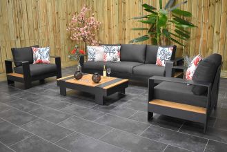 Megara Loungeset 3 Zitsbank 2 Lounge Tuinstoelen Lage Tafel Aluminium Teak Black WINTER AANBIEDING