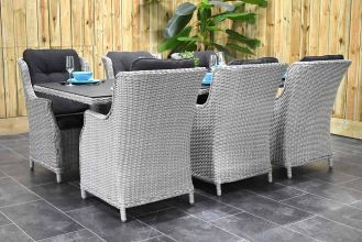 Menorca Tafel 225 Spraystone met 6 Darwin Dining Tuinstoelen Light Kobo Grey SHOWROOMMODEL