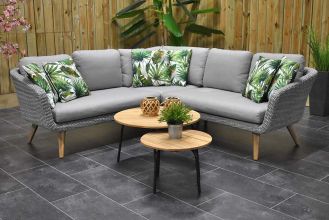 Milano Loungeset Hoekbank 2 Lage Tafels Teak Natural White Grey