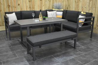 Nevada Loungeset Hoekbank met Ligbed Functie Hoge Tafel met Bankje Aluminium Spiegelbeeld Dark Grey WINTER AANBIEDING