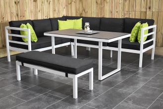 Nevada Loungeset Hoekbank met Ligbed Functie Hoge Tafel met Bankje Aluminium White SHOWROOMMODEL