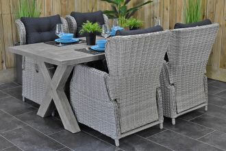Norwich Tafel 200 Vintage Antique Grey met 4 Barcelona Verstelbare Dining Tuinstoelen Light Kobo Grey