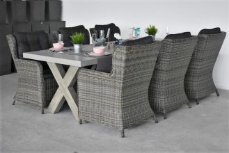 Norwich Tafel 250 Polystone Vintage Antique Grey met 6 Delano Dining Tuinstoelen Kobo Grey