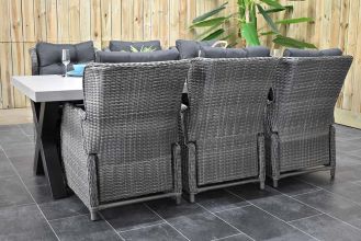 Norwich Tafel 250 Polystone Stalen Kruispoten met 6 Barcelona Verstelbare Dining Tuinstoelen Kobo Grey WINTER AANBIEDING