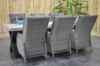 Norwich Tafel 250 Polystone Stalen Kruispoten met 6 Marling Verstelbare Dining Tuinstoelen Natural Grey WINTER AANBIEDING