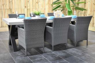 Norwich Tafel 250 Polystone Stalen Kruispoten met 6 Aruba Dining Tuinstoelen Rock Grey WINTER AANBIEDING