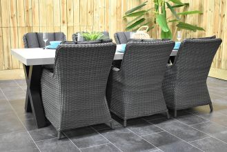 Norwich Tafel 250 Polystone Stalen Kruispoten met 6 Avalon Dining Tuinstoelen Rock Grey WINTER AANBIEDING