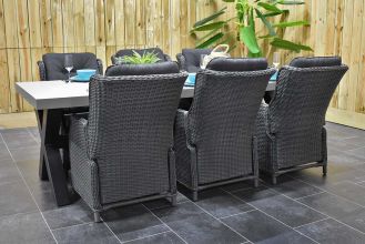 Norwich Tafel 250 Polystone Stalen Kruispoten met 6 Darwin Verstelbare Dining Tuinstoelen Rock Grey WINTER AANBIEDING