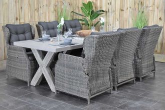 Norwich Tafel 250 Polystone Vintage Antique Grey met 6 Barcelona Verstelbare Dining Tuinstoelen Kobo Grey