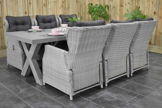 Norwich Tafel 250 Polystone Vintage Antique Grey met 6 Barcelona Verstelbare Dining Tuinstoelen Light Kobo Grey