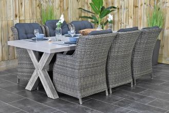 Norwich Tafel 250 Polystone Vintage Antique Grey met 6 Darwin Dining Tuinstoelen Kobo Grey