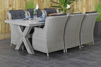 Norwich Tafel 250 Polystone Vintage Antique Grey met 6 Darwin Dining Tuinstoelen Light Kobo Grey