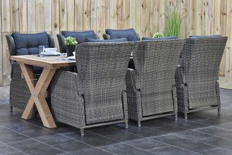 Norwich Tafel 250 Teak Natural met 6 Barcelona Dining Verstelbare Tuinstoelen Kobo Grey SHOWROOMODEL