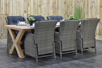 Norwich Tafel 250 Teak Natural met 6 Darwin Dining Verstelbare Tuinstoelen Kobo Grey