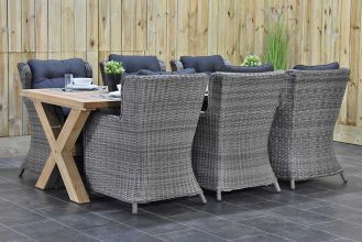 Norwich Tafel 250 Teak Natural met 6 Delano Dining Tuinstoelen Natural Grey