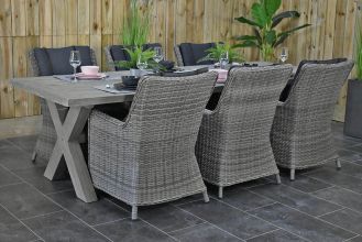 Norwich Tafel 250 Vintage Antique Grey met 6 Avalon Dining Tuinstoelen Natural Grey