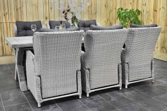 Norwich Tafel 250 Vintage Antique Grey met 6 Barcelona Verstelbare Dining Tuinstoelen Light Kobo Grey