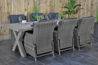 Norwich Tafel 250 Vintage Antique Grey met 6 Darwin Verstelbare Dining Tuinstoelen Kobo Grey