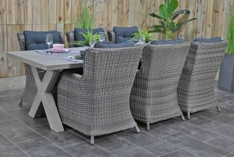 Norwich Tafel 250 Vintage Antique Grey met 6 Delano Dining Tuinstoelen Natural Grey WINTER AANBIEDING