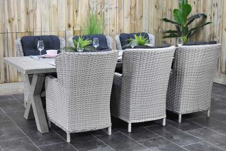 Norwich Tafel 250 Vintage Antique Grey met 6 Marina Dining Tuinstoelen Light Kobo Grey
