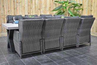 Norwich Tafel 300 Polystone Stalen Kruispoten met 8 Barcelona Verstelbare Dining Tuinstoelen Kobo Grey WINTER AANBIEDING