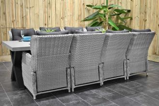 Norwich Tafel 300 Polystone Stalen Kruispoten met 8 Barcelona Verstelbare Dining Tuinstoelen Light Kobo Grey WINTER AANBIEDING