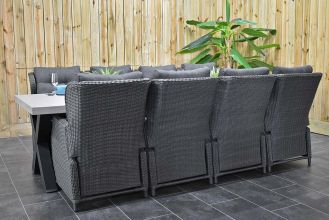 Norwich Tafel 300 Polystone Stalen Kruispoten met 8 Barcelona Verstelbare Dining Tuinstoelen Rock Grey WINTER AANBIEDING