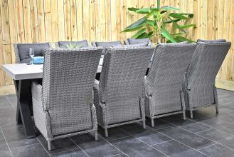 Norwich Tafel 300 Polystone Stalen Kruispoten met 8 Marling Verstelbare Dining Tuinstoelen Natural Grey WINTER AANBIEDING