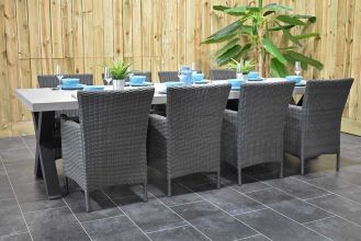 Norwich Tafel 300 Polystone Stalen Kruispoten met 8 Aruba Dining Tuinstoelen Rock Grey WINTER AANBIEDING