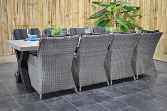 Norwich Tafel 300 Polystone Stalen Kruispoten met 8 Avalon Dining Tuinstoelen Natural Grey WINTER AANBIEDING